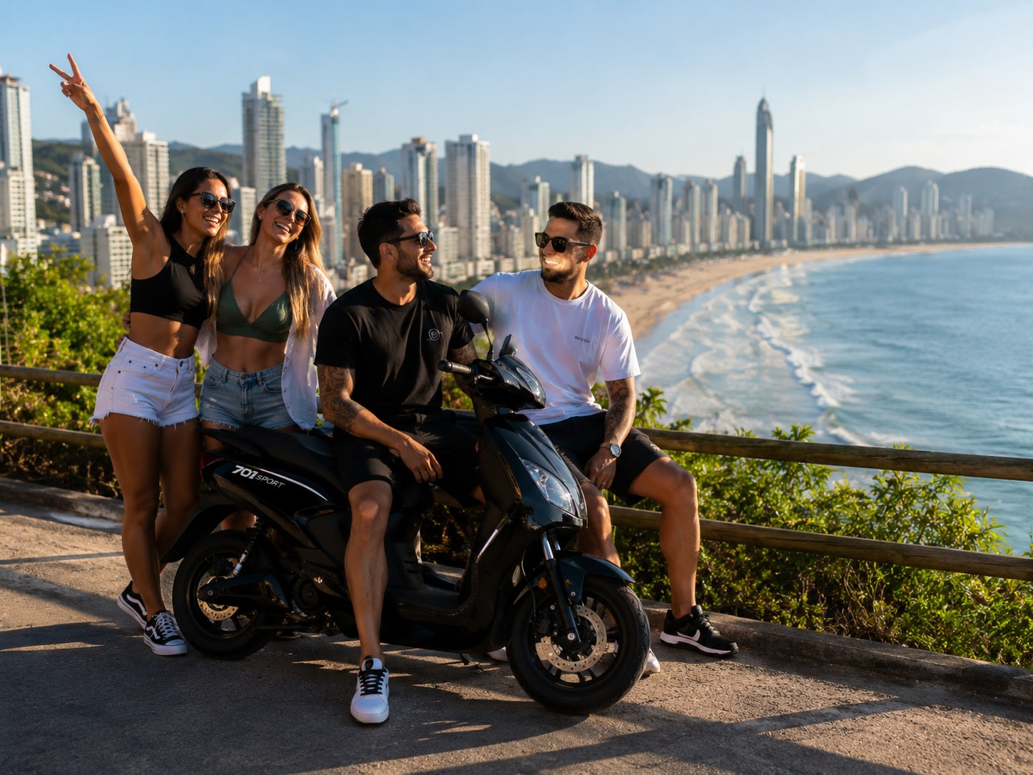 Grupo de amigos andando de scooter em BC